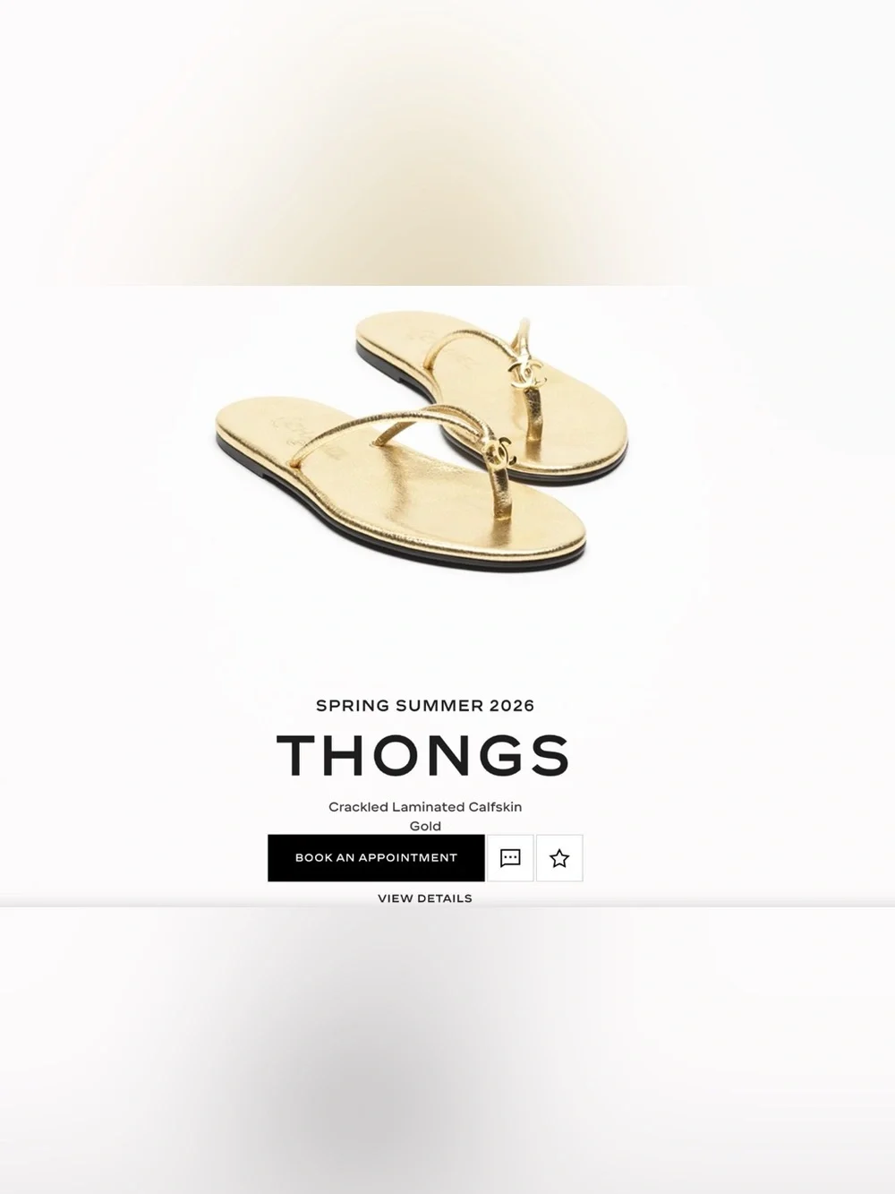 26S Chanel Thong Sandals, Laminated Gold Calfskin, Size 38